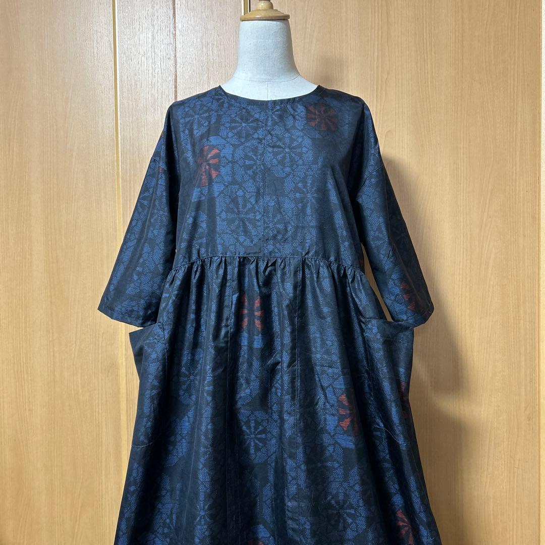 22 着物リメイク　大島紬　ギャザーワンピース