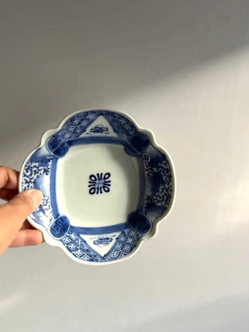 332 骨董 アンティーク 古伊万里 福寿紋変わり四方向付 2点組 染付 幕末