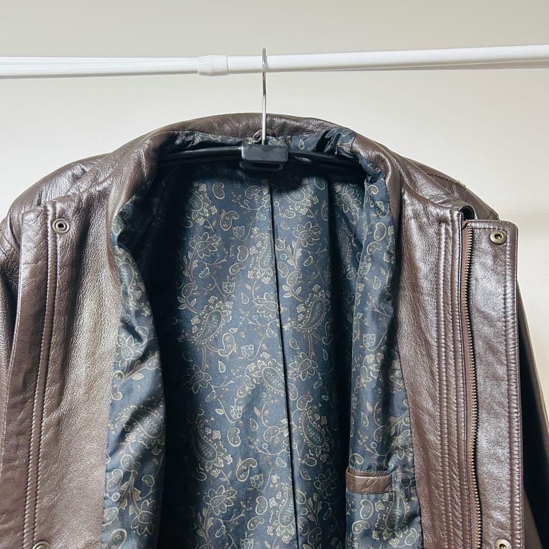 【美品】高級ラムレザー レザージャケット LL 濃茶 ペイズリー総柄 羊革
