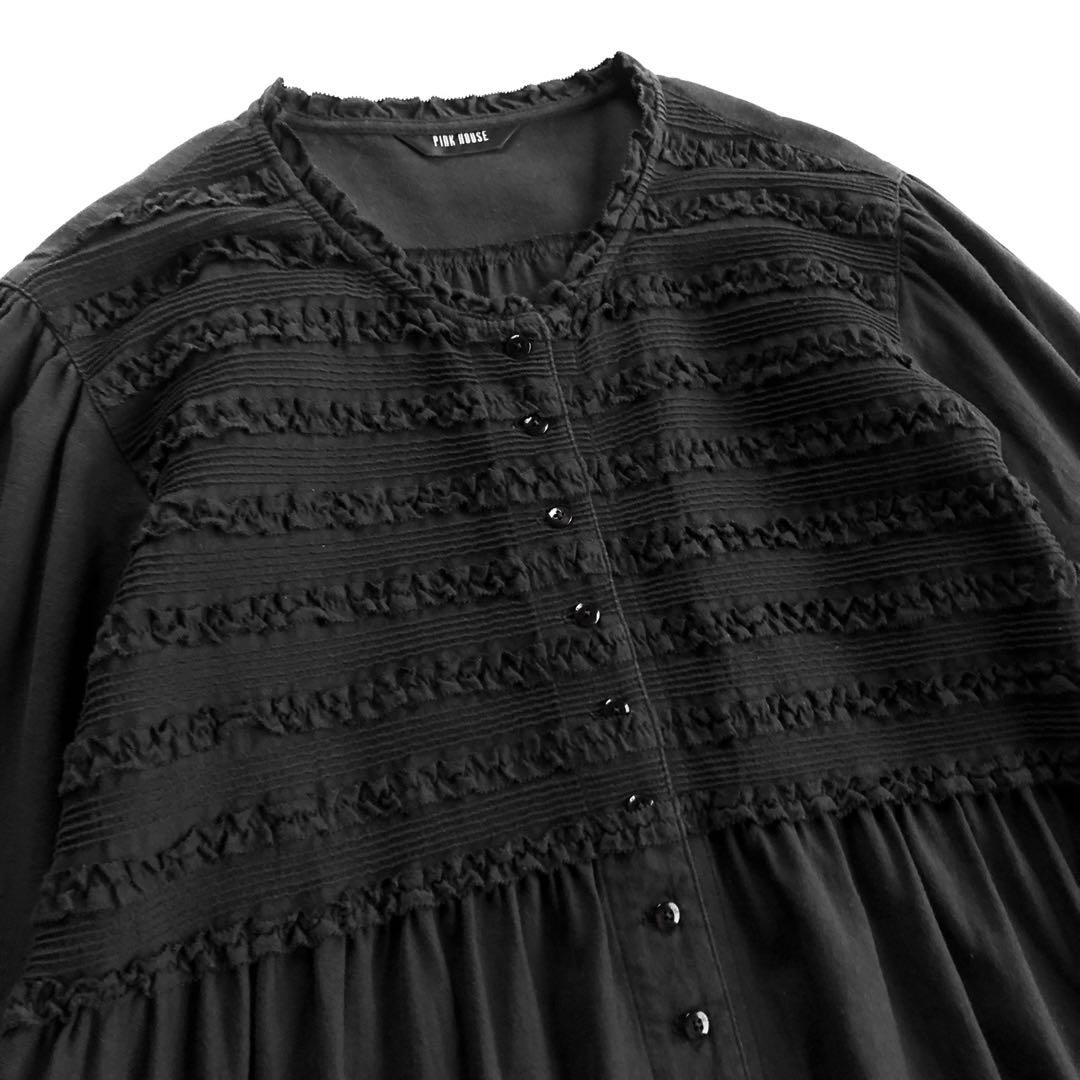 ピンクハウス ピンタック ピコフリル 黒 ミディ ワンピース