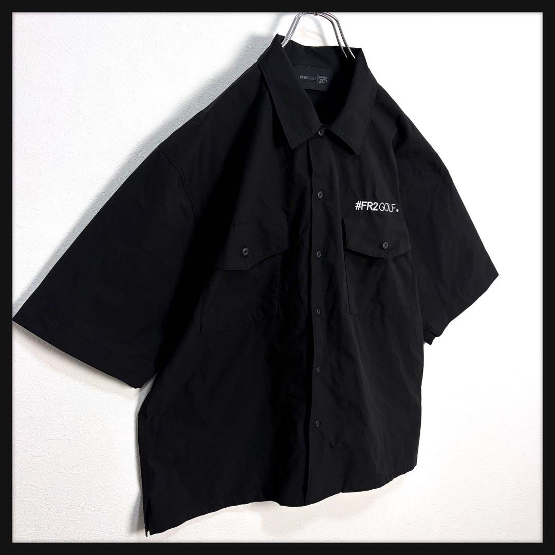 【美品】FR2 ゴルフ★刺繍ロゴ バックロゴ 半袖シャツ 開襟シャツ ブラック
