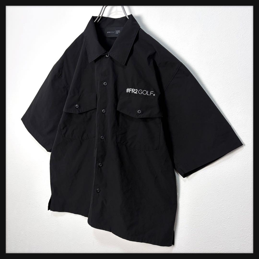 【美品】FR2 ゴルフ★刺繍ロゴ バックロゴ 半袖シャツ 開襟シャツ ブラック