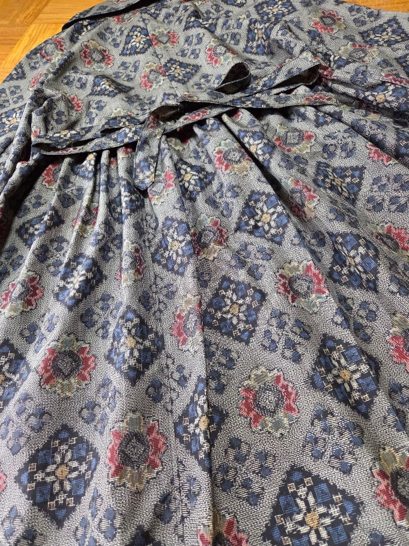 め0230着物リメイク正絹大島紬前開き切替えギャザーコートワンピースハンドメイド