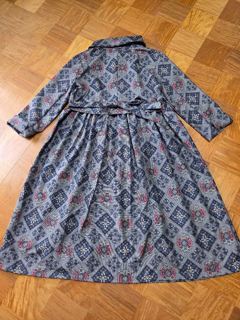 め0230着物リメイク正絹大島紬前開き切替えギャザーコートワンピースハンドメイド