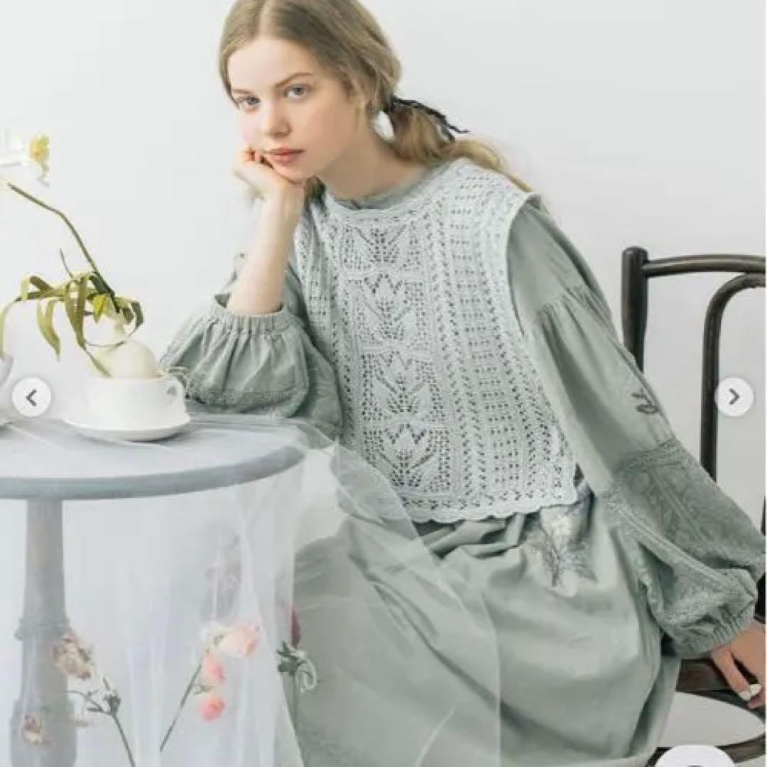 TSUHARU by Samansa Mos2 刺繍レース切替ワンピース　ミント