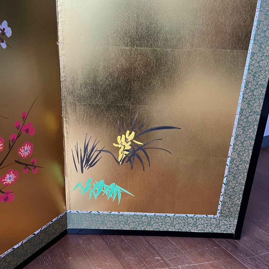 【アンティーク】御肉筆屏風 四曲一双 日本画 金屏風 玉泉銘 古道具 蔵出し