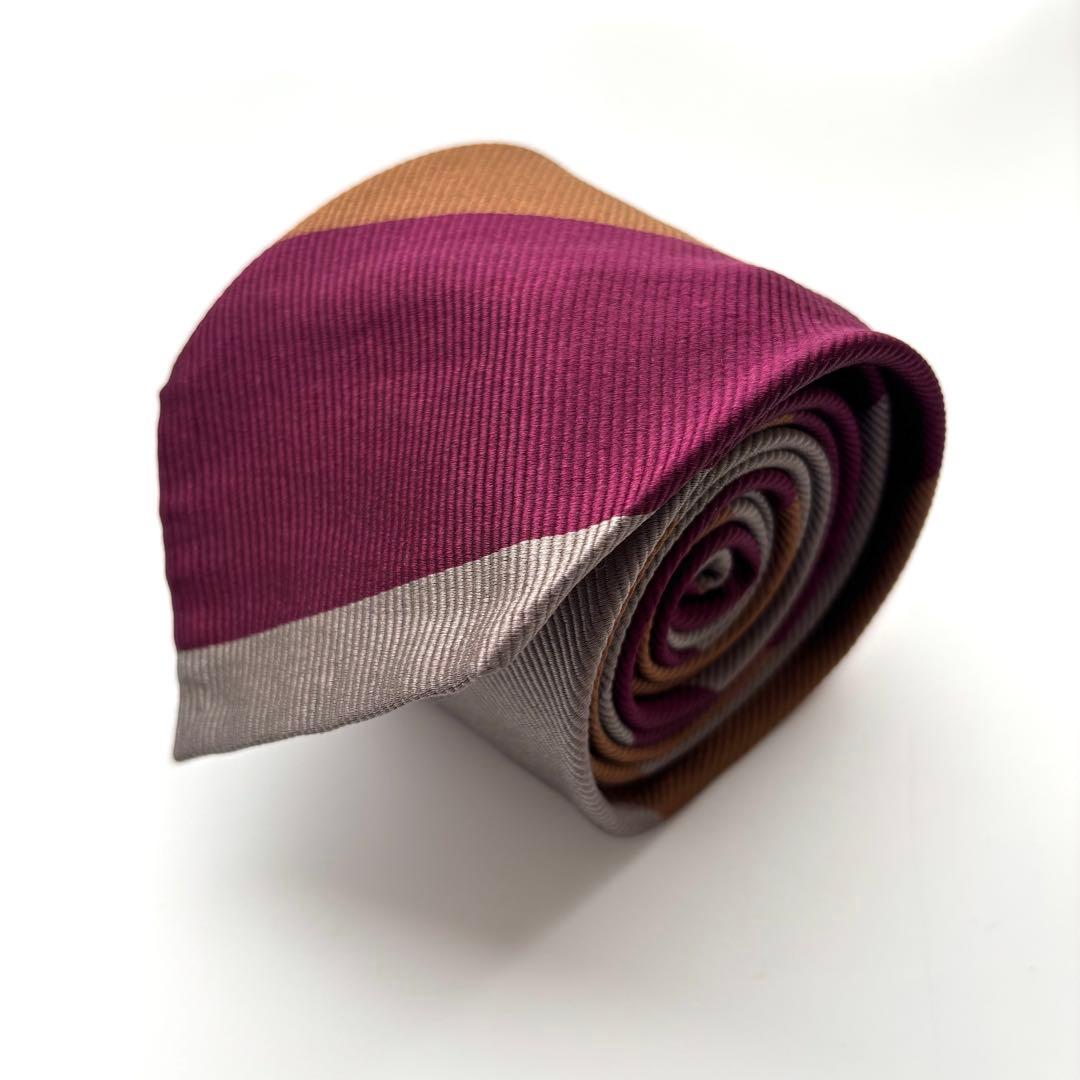 ꧁美品꧂ ビームスエフ ネクタイ 段落ち レジメンタル ストライプ ブラウン