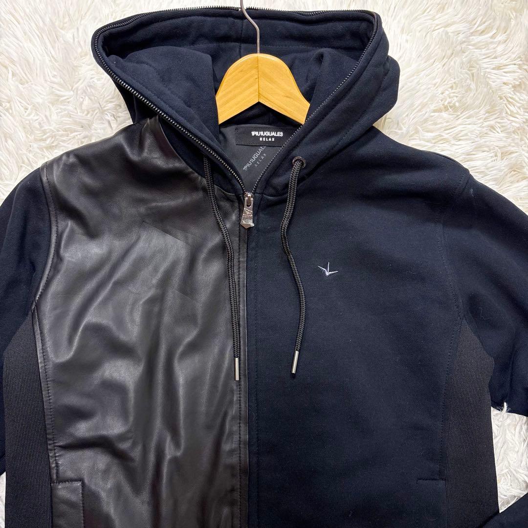 希少 1PIU1UGUALE3 RELAX ラムレザー 切替 パーカー　ロゴ