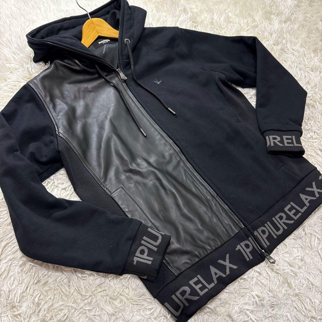 希少 1PIU1UGUALE3 RELAX ラムレザー 切替 パーカー　ロゴ