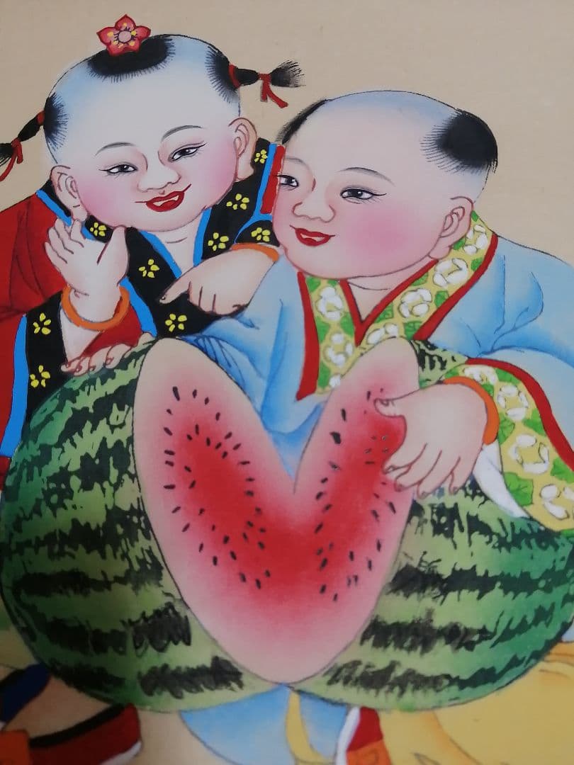 掛軸2本 永圾石埭 (周二）の書 （肉筆） 楊柳青版画 (木版水印画）