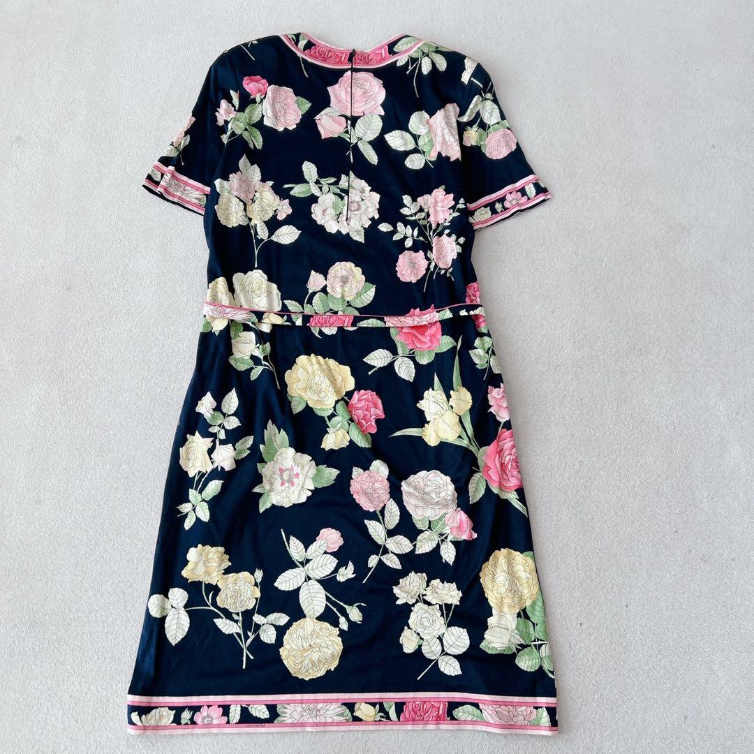 レオナール　ロングワンピース　ベルト　花柄　トリム 黒　ピンク　XL相当