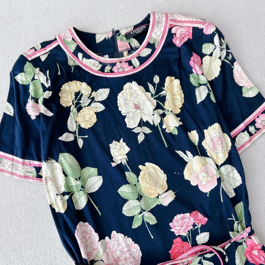 レオナール　ロングワンピース　ベルト　花柄　トリム 黒　ピンク　XL相当