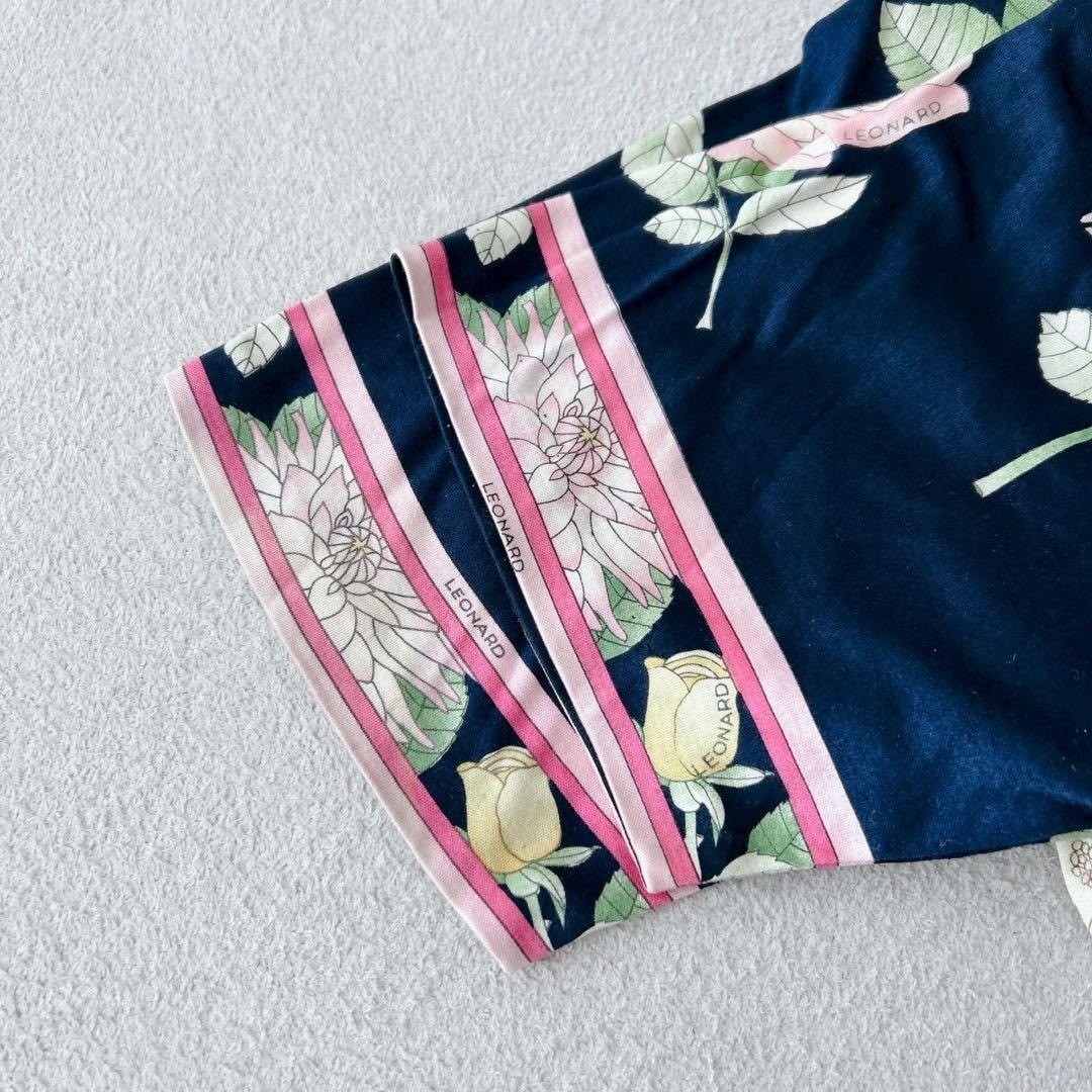 レオナール　ロングワンピース　ベルト　花柄　トリム 黒　ピンク　XL相当