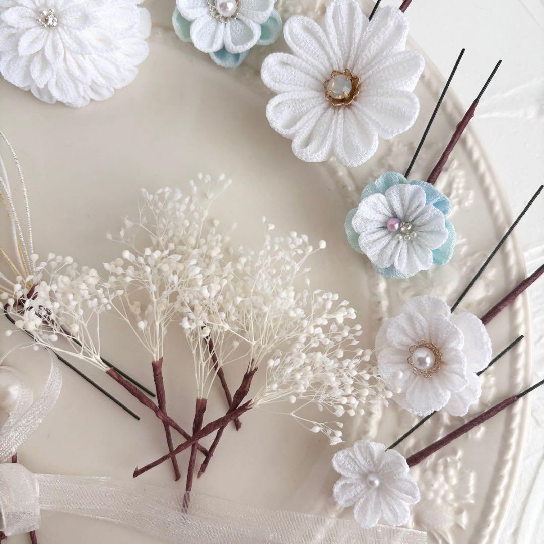 【HAru*】つまみ細工 髪飾り 成人式 七五三 青 白 レース041501