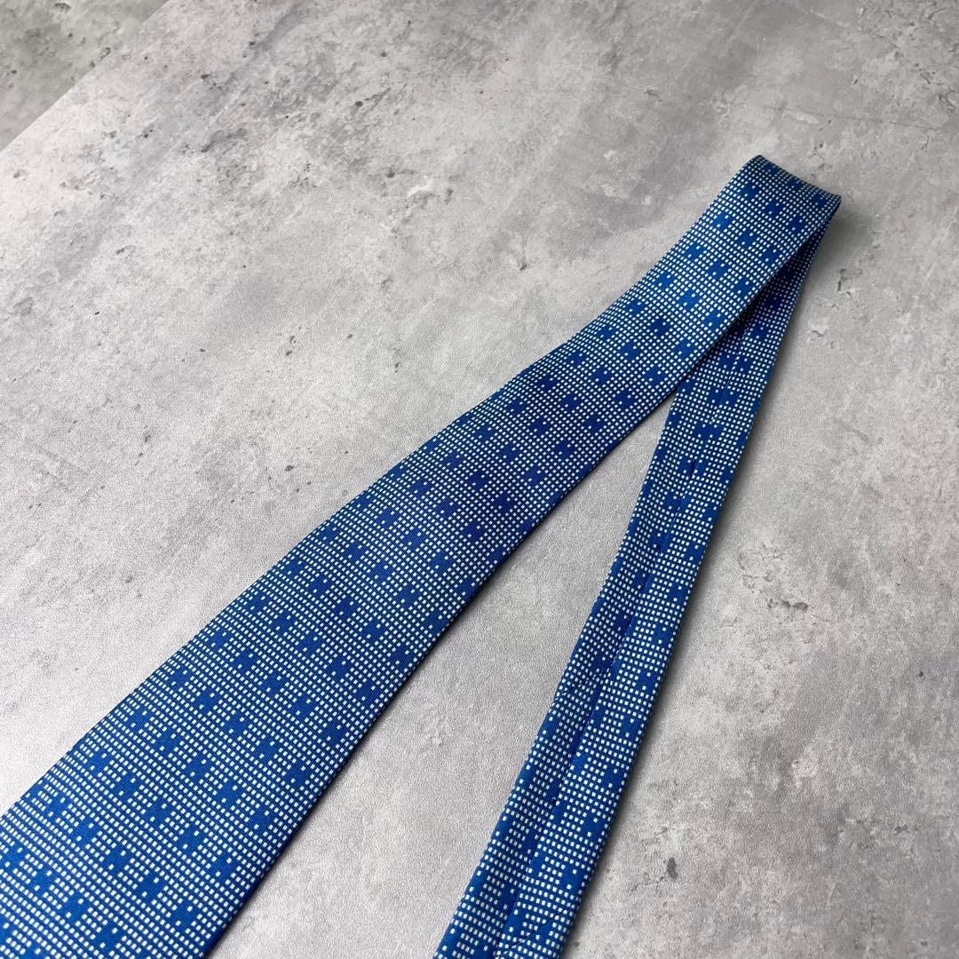 美品 HERMES エルメス H柄 総ロゴ ドット柄 ネクタイ ブルー 水色