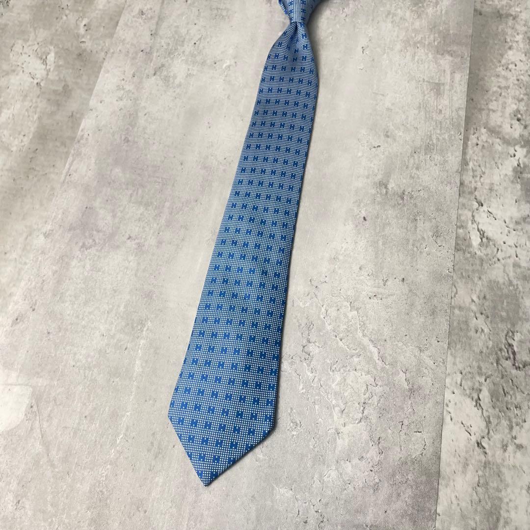 美品 HERMES エルメス H柄 総ロゴ ドット柄 ネクタイ ブルー 水色