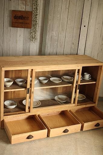 ロコ　古い木枠のガラス戸棚　引き出し3杯　水屋　食器棚　カウンター