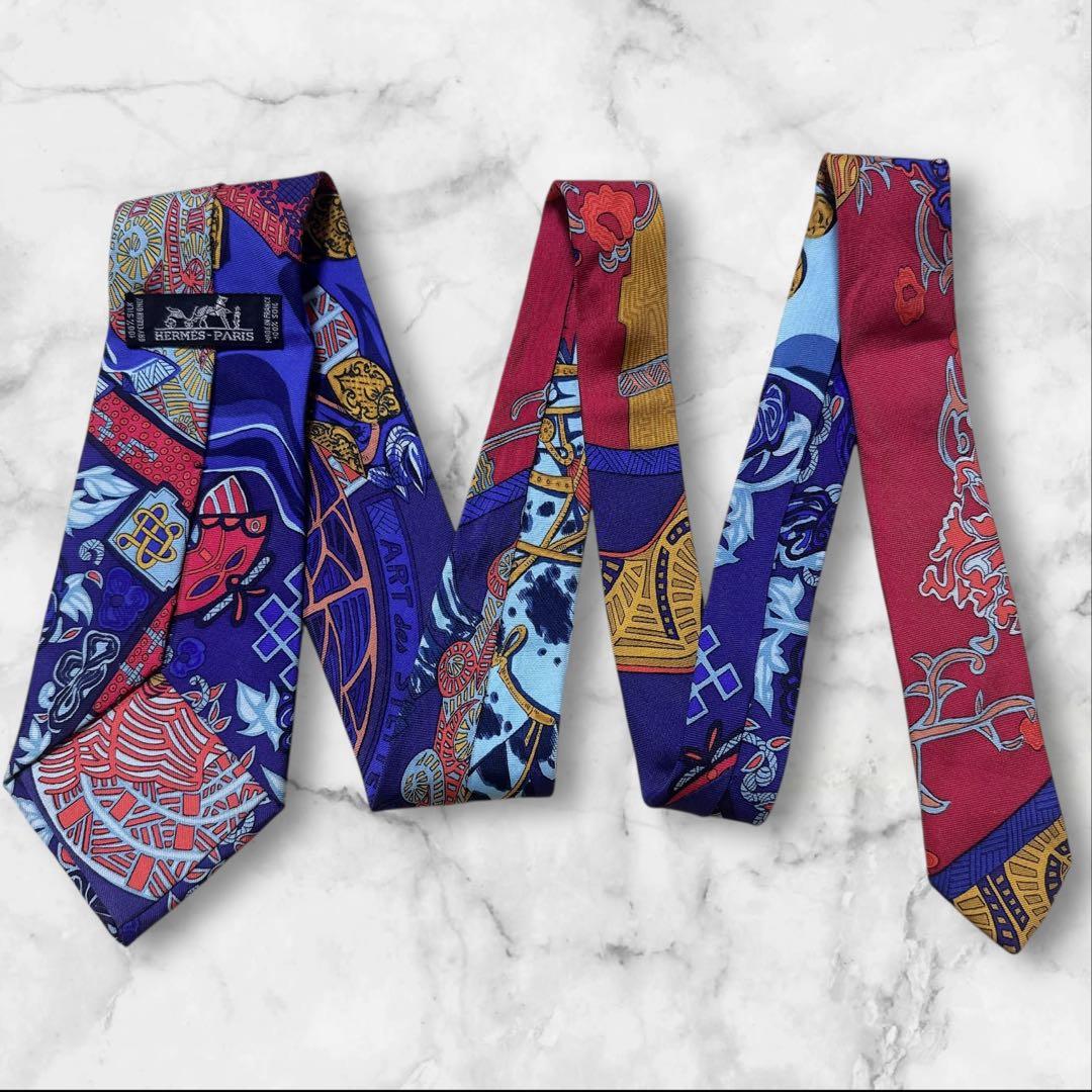 【美品】HERMES スカーフ柄　ネクタイ　青　赤　黄色　ネイビー