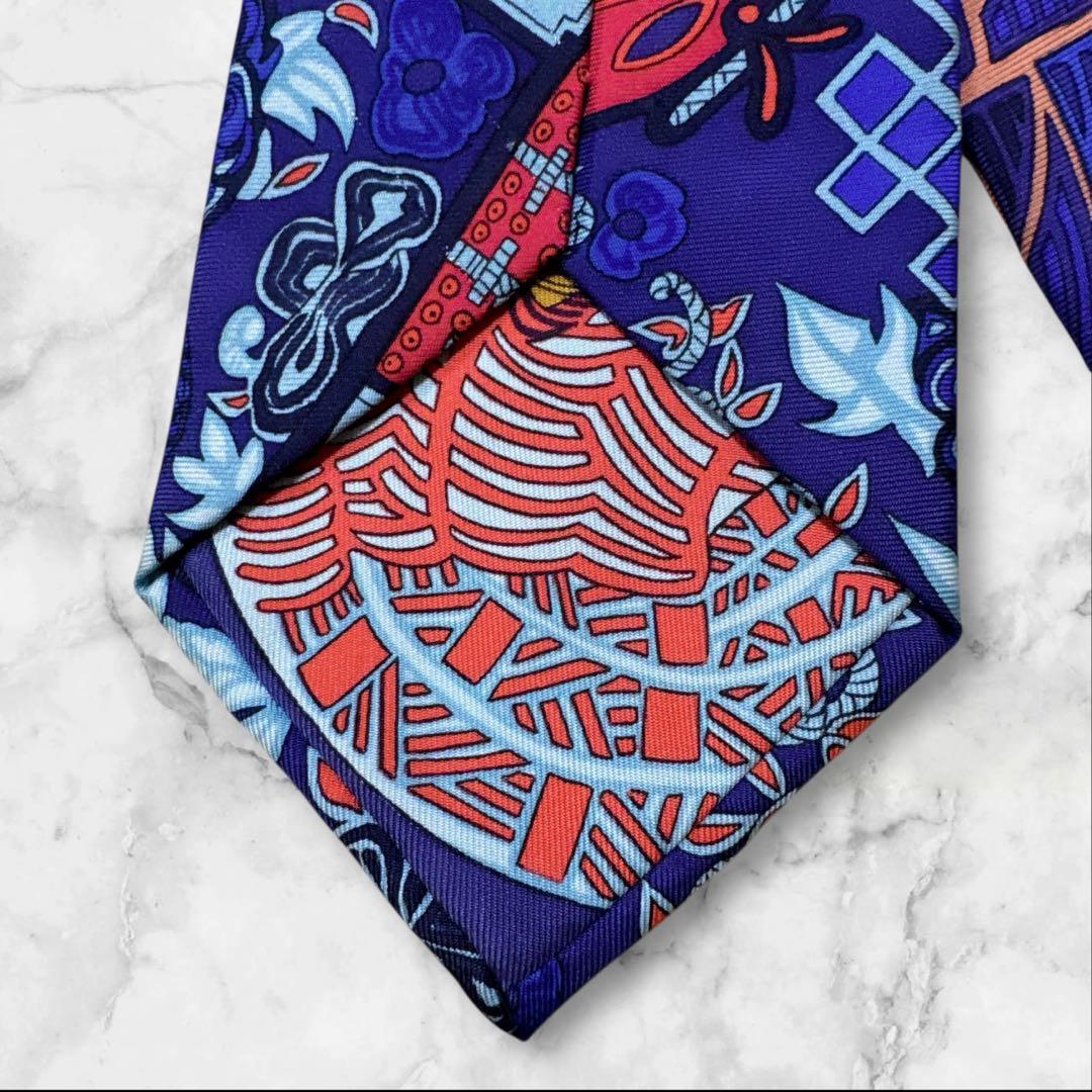 【美品】HERMES スカーフ柄　ネクタイ　青　赤　黄色　ネイビー