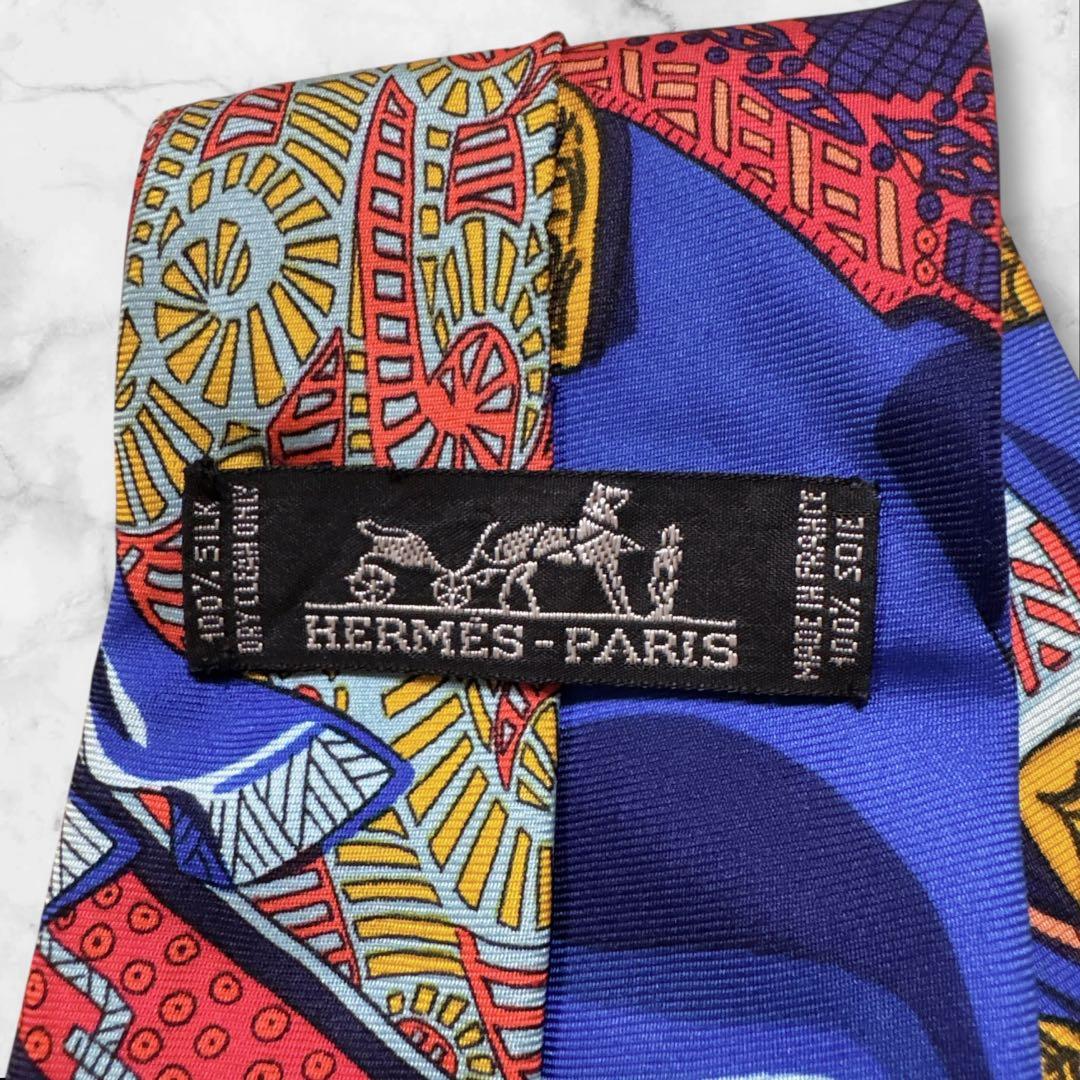 【美品】HERMES スカーフ柄　ネクタイ　青　赤　黄色　ネイビー