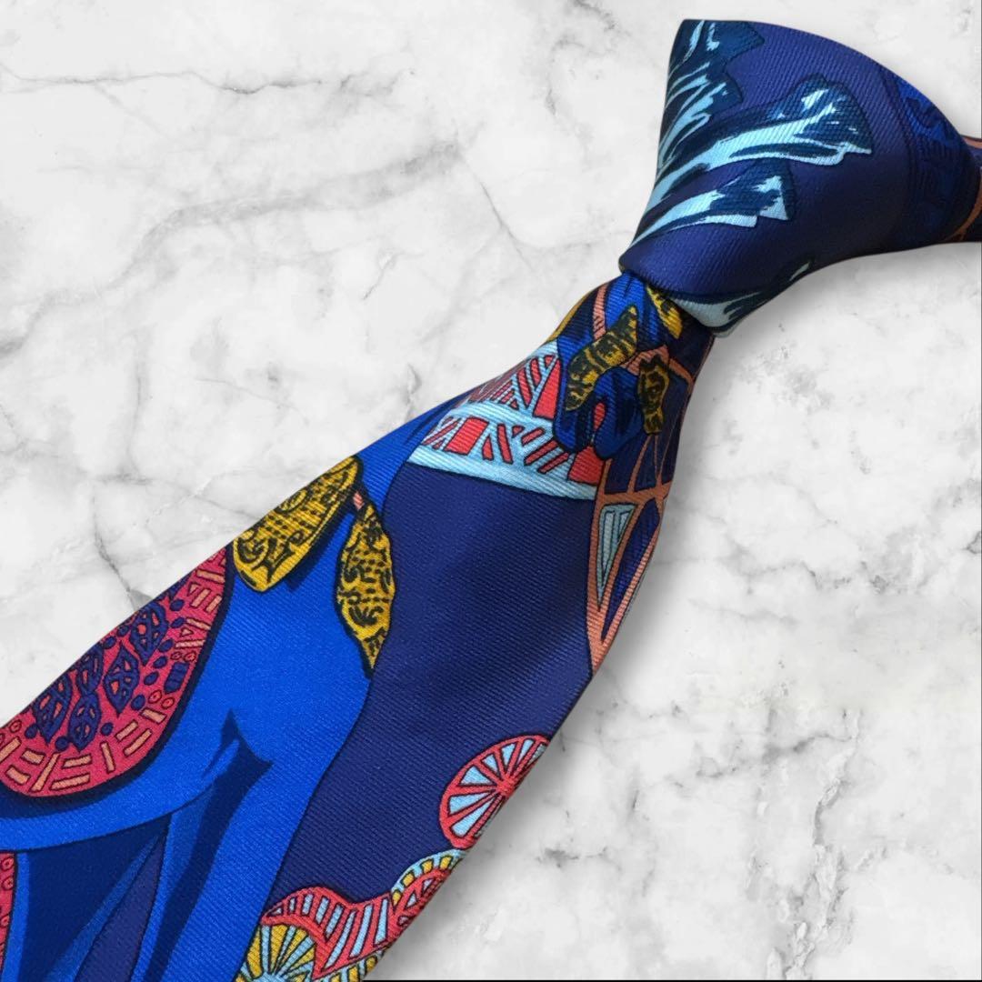 【美品】HERMES スカーフ柄　ネクタイ　青　赤　黄色　ネイビー