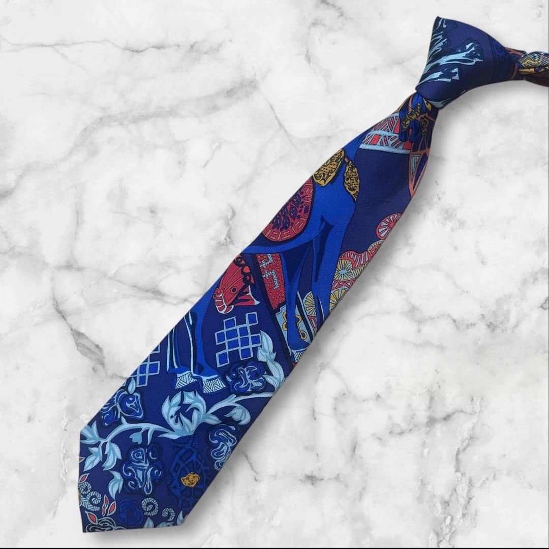 【美品】HERMES スカーフ柄　ネクタイ　青　赤　黄色　ネイビー
