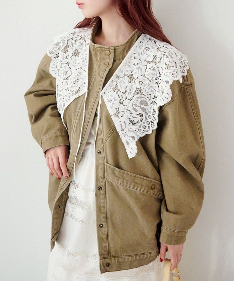 新品　Kastane カラーツイルレース付きジャケット　カスタネ カーキ