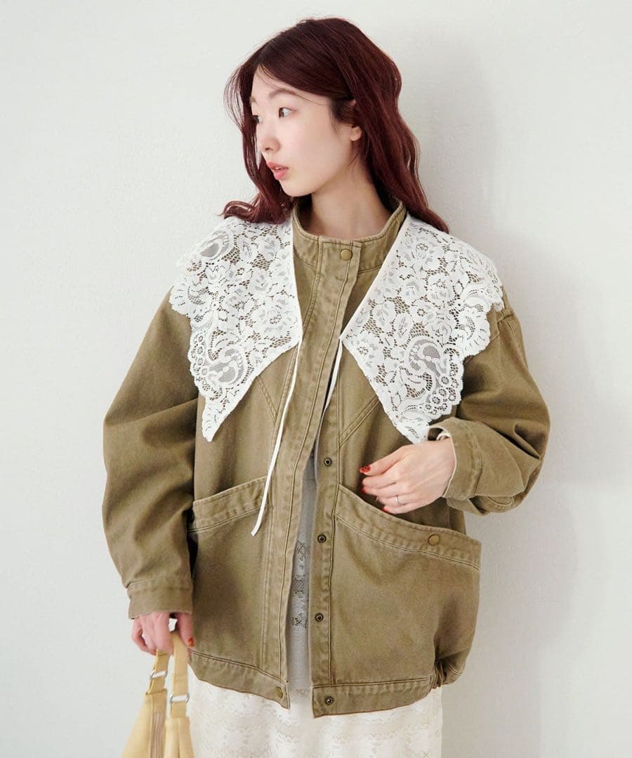 新品　Kastane カラーツイルレース付きジャケット　カスタネ カーキ