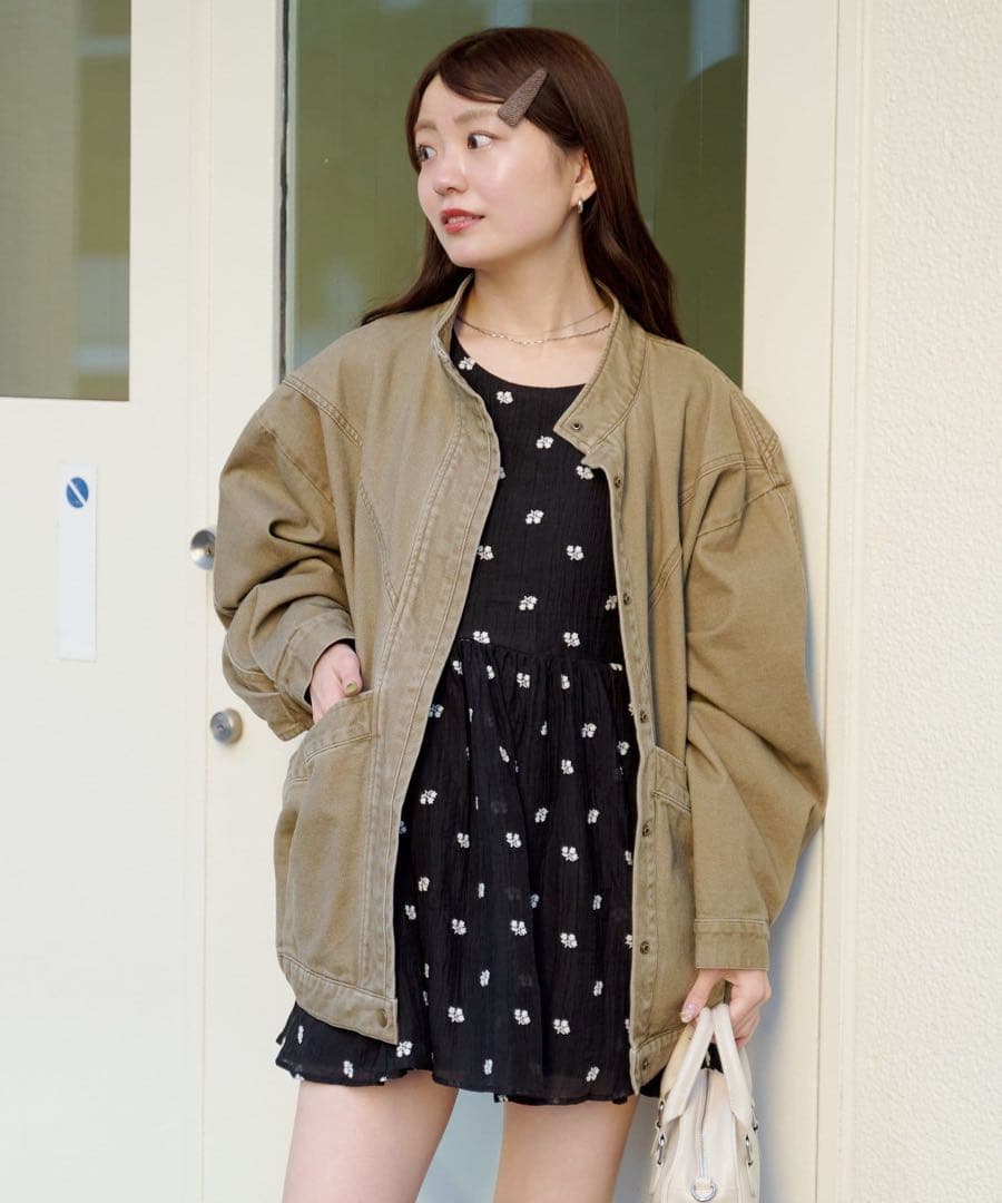 新品　Kastane カラーツイルレース付きジャケット　カスタネ カーキ