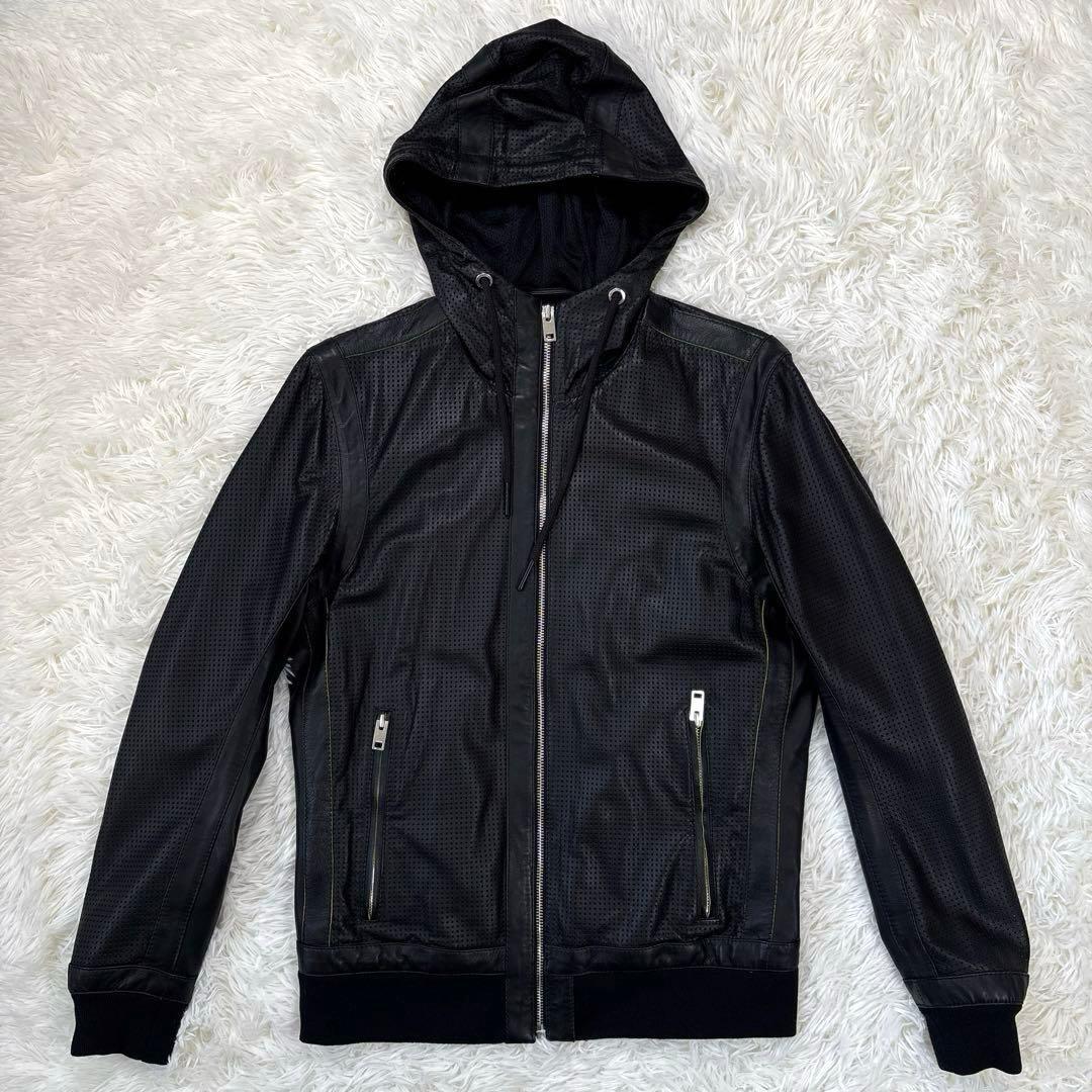 ✨美品✨ディーゼル　レザージャケット　パーカー　パンチング加工　ジップ　ブラック