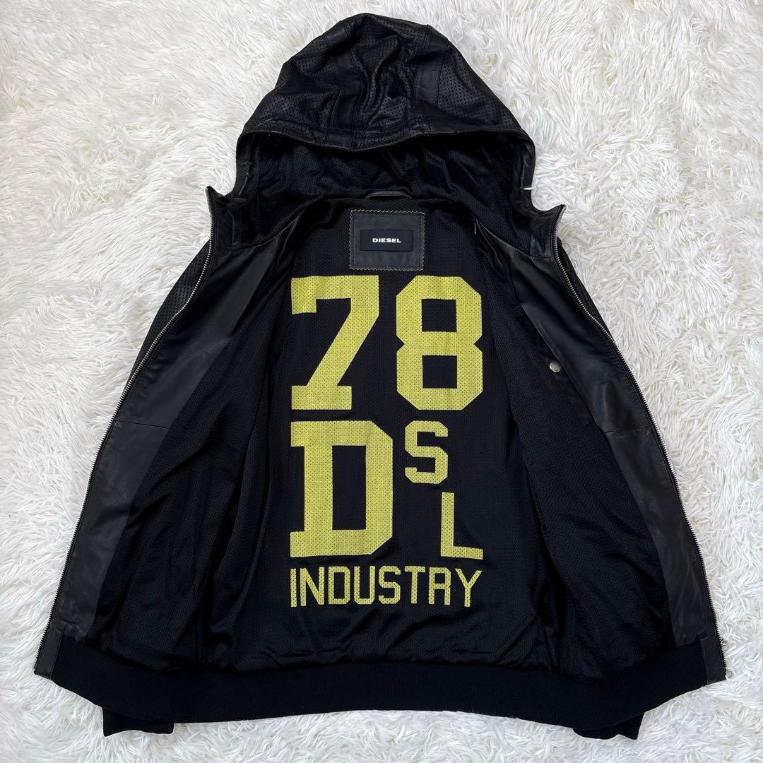 ✨美品✨ディーゼル　レザージャケット　パーカー　パンチング加工　ジップ　ブラック