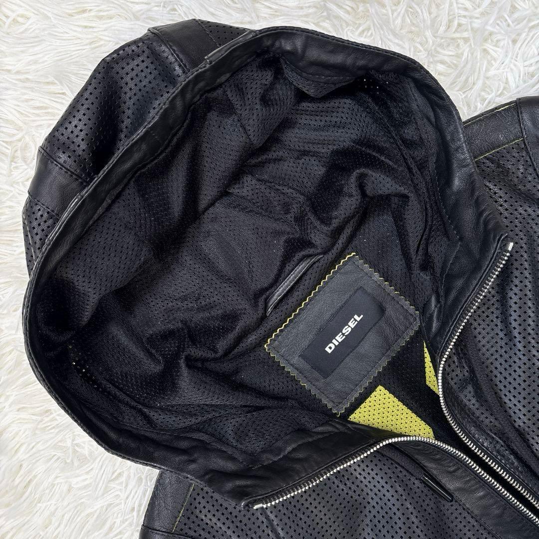 ✨美品✨ディーゼル　レザージャケット　パーカー　パンチング加工　ジップ　ブラック