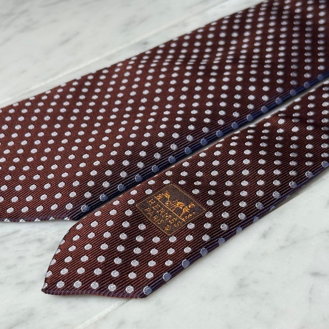 HERMES ネクタイ 限定モデル ネイビー ブラウン ドット柄 ファソネ 光沢