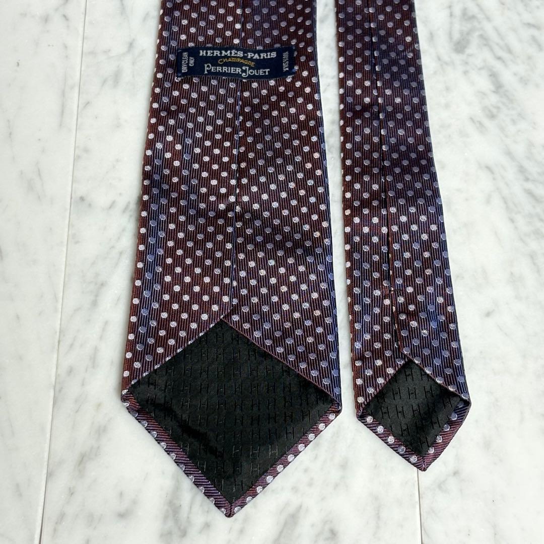 HERMES ネクタイ 限定モデル ネイビー ブラウン ドット柄 ファソネ 光沢