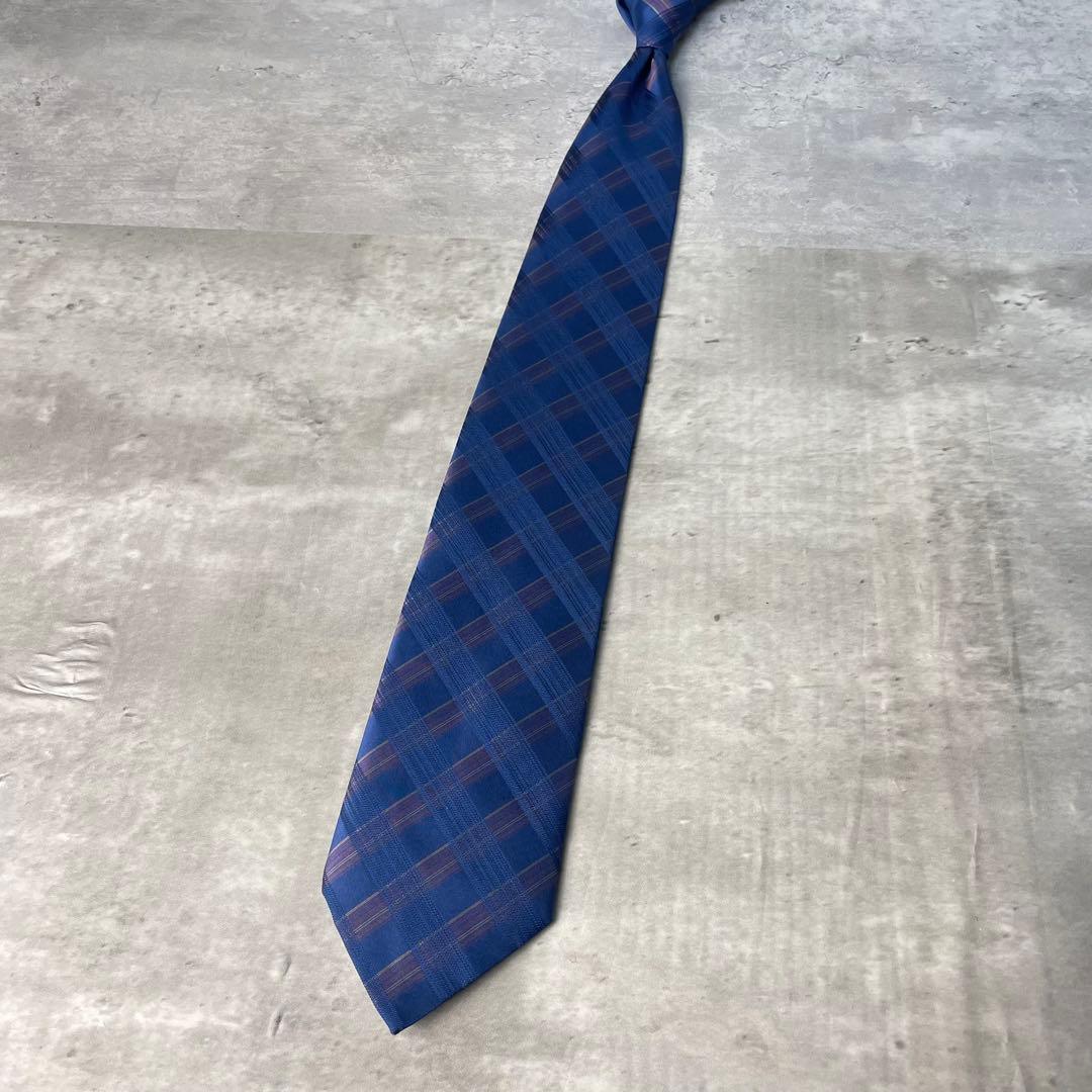 美品 HERMES エルメス ジャガード チェック柄 格子柄 ネクタイ ネイビー