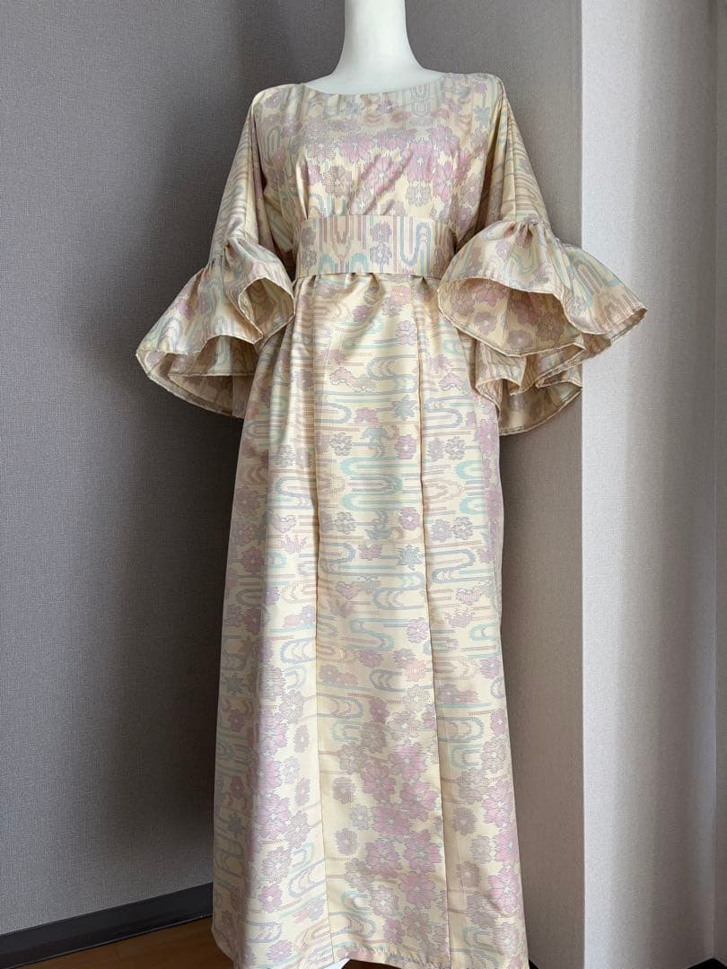 ★着物リメイク★　色大島紬　フリル袖のゆったりワンピ　河面の桜