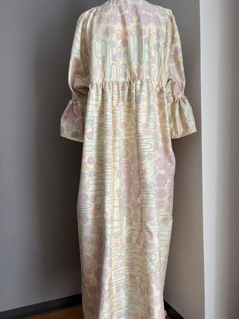 ★着物リメイク★　色大島紬　フリル袖のゆったりワンピ　河面の桜