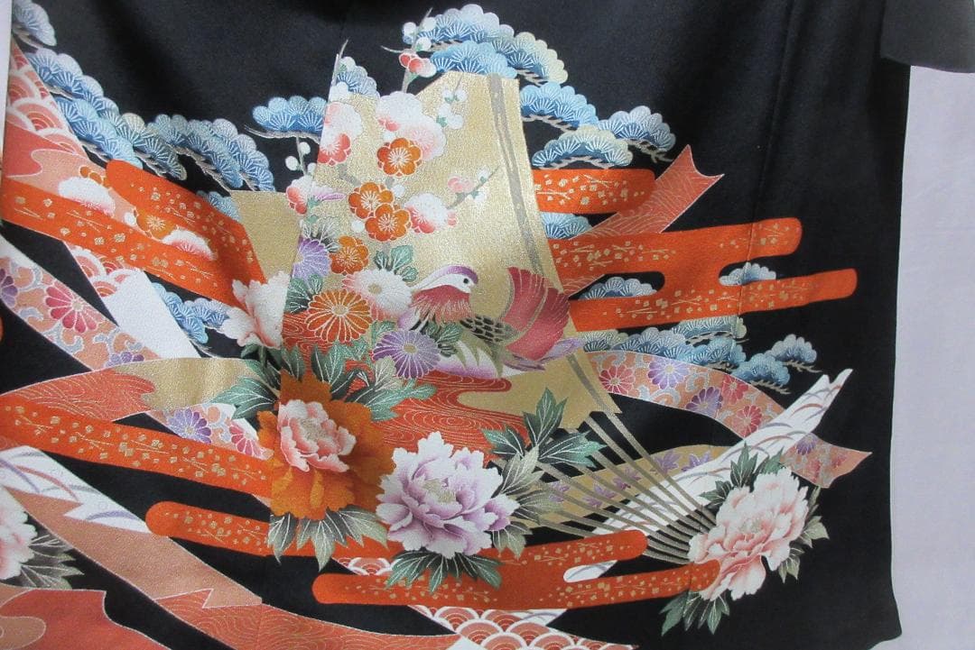 留袖ワンピース　 鳥花柄　金糸刺繍 ロングワンピース　シルク　ウエストリボン紐付