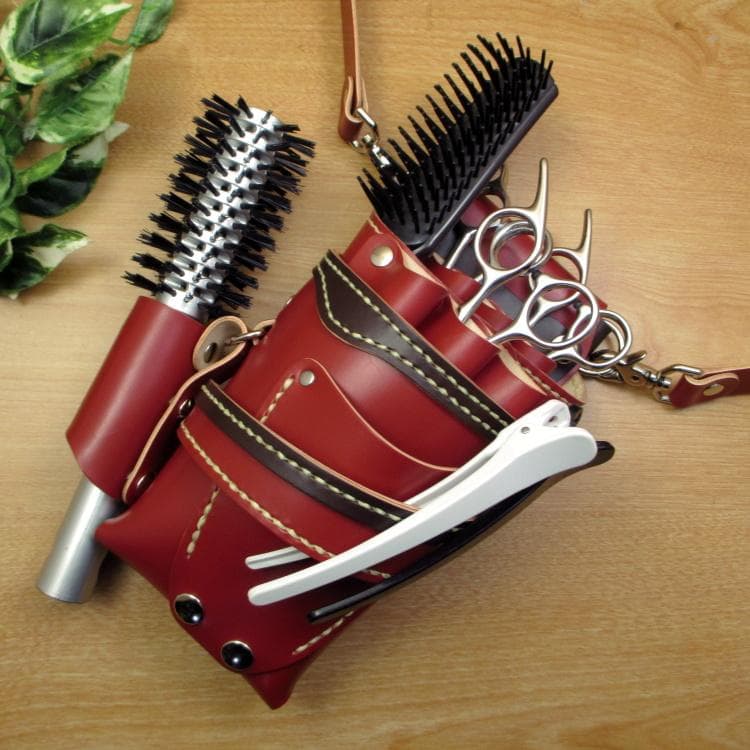 赤色＆ダークブラウン　本革シザーケース＆ブラシケース　６丁　SCA-57/CRA