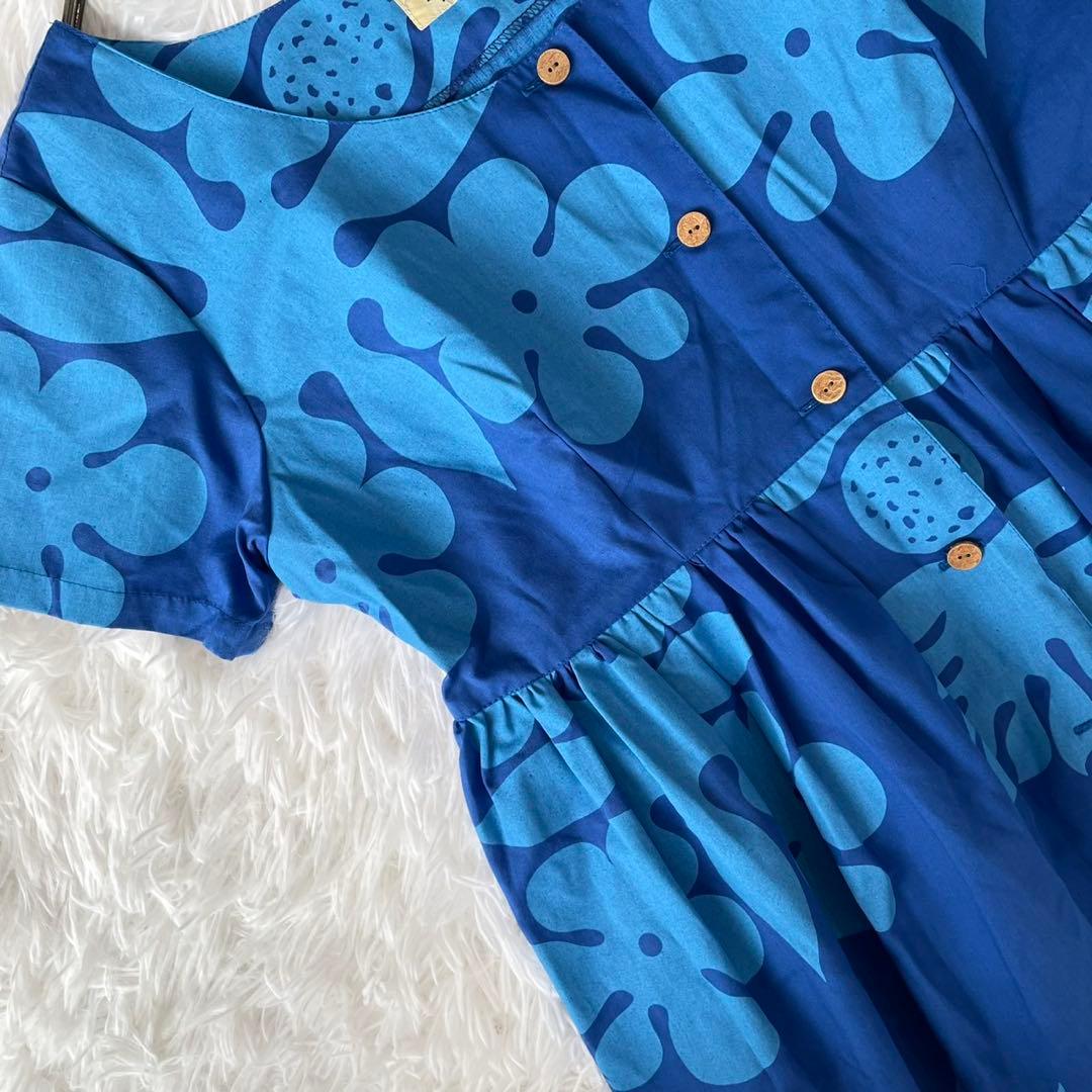 美品ハワイ製生地Mahaloロングワンピース南国モンステラパイナップル青リゾート