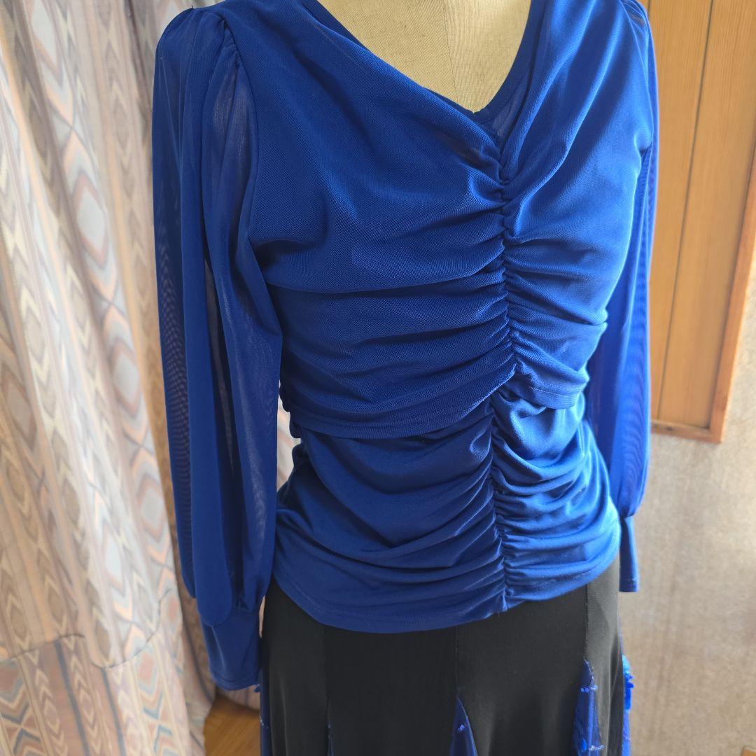 社交ダンス　長袖　トップス　バルーン袖　青　スカート