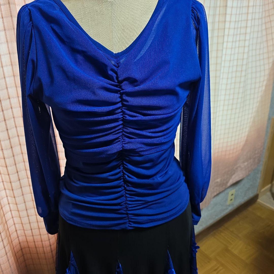 社交ダンス　長袖　トップス　バルーン袖　青　スカート