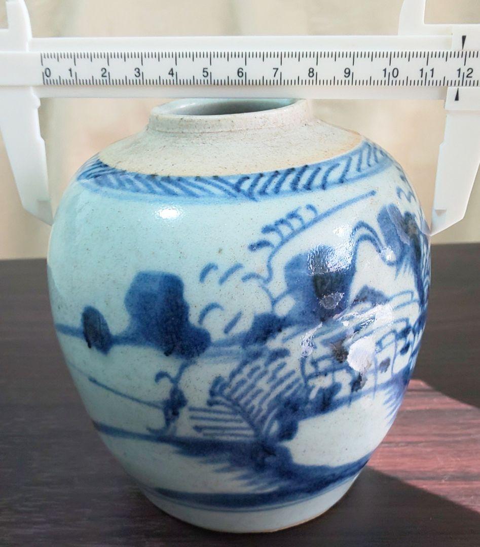 中国美術 清時代 白磁染付 人物山水絵図壺 骨董品