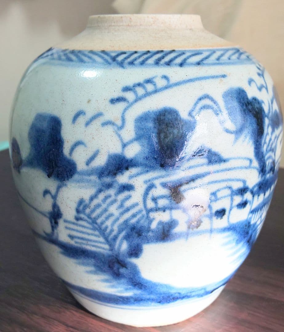 中国美術 清時代 白磁染付 人物山水絵図壺 骨董品