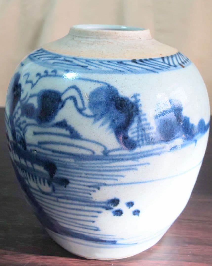 中国美術 清時代 白磁染付 人物山水絵図壺 骨董品