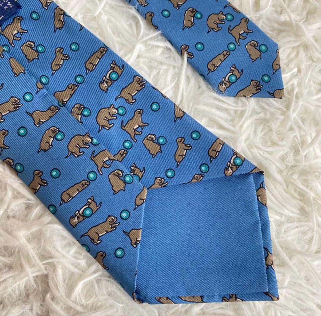【極美品】激レア　エルメス ネクタイ　犬　イヌ ボール 総柄　ブルー