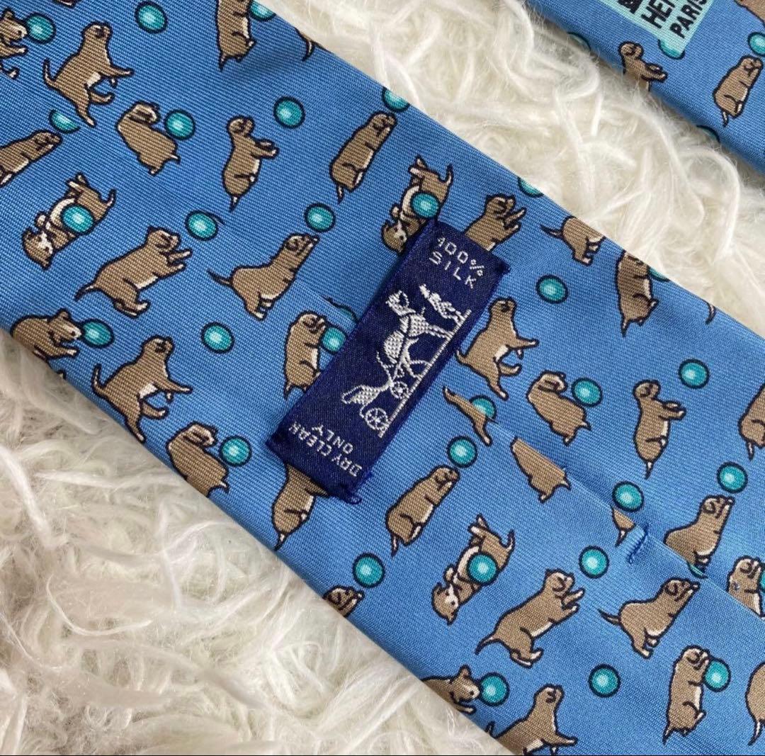 【極美品】激レア　エルメス ネクタイ　犬　イヌ ボール 総柄　ブルー