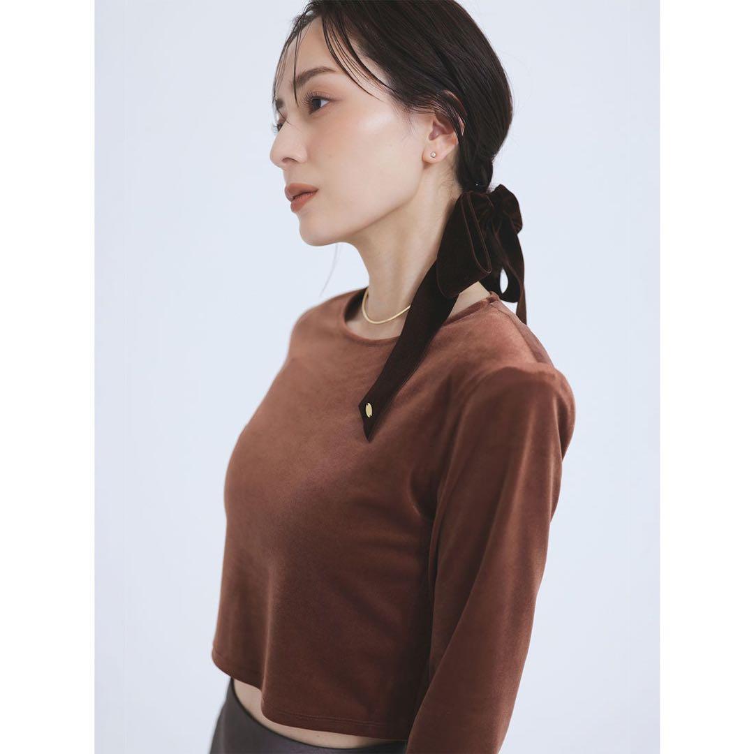 【美品】anuans アニュアンス ベロアクロップドカットトップス BROWN