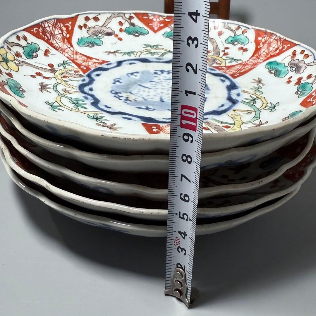 古伊万里　赤絵三方松竹梅文様七寸皿　五枚　桐花文　21cm　古民家カフェ　料理屋