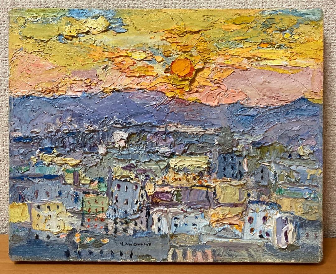 作者不詳「風景画」額装●油彩画作品 サイン 夕日の色に包まれた街なみが素敵です●
